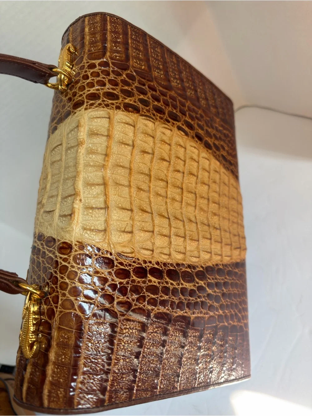 Classic Two-Tone Brown Croc Top-Handle Bag